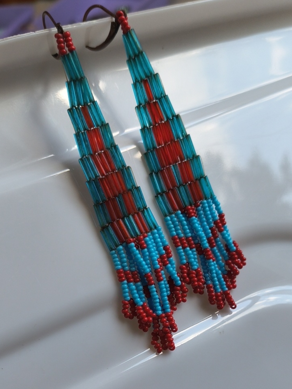Aqua & Red Beaded Fringe Earrings, Handmade Statement Cherokee Native American